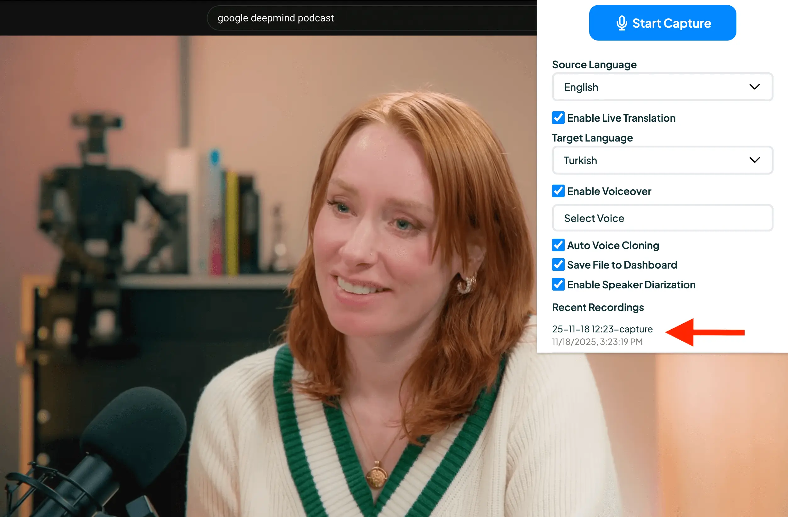 How to find Recent Recordings in Maestra's live translation Chrome extension.